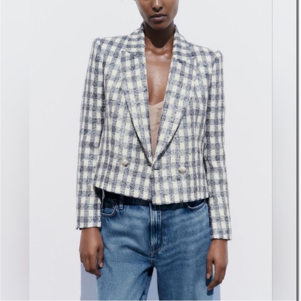 Zara Metallic Plaid Blazer Navy White Small NWT